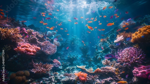 Serene Underwater Coral Reef Landscape with Vibrant Marine Life Swimming Peacefully © Thares2020