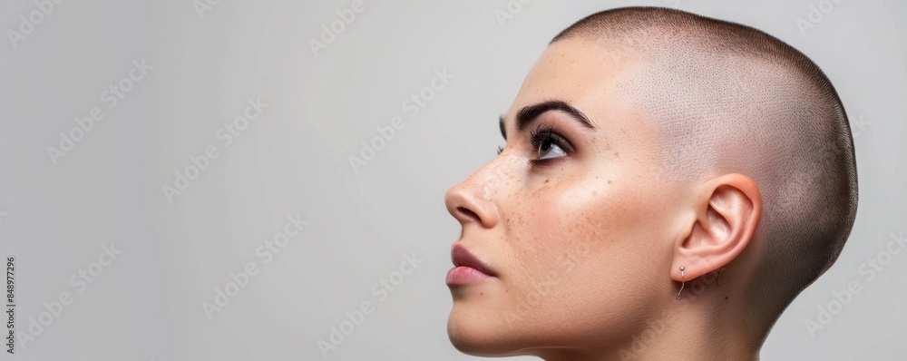 Beautiful woman with a bald, shaved head in profile. Confident and striking portrait on a white background.