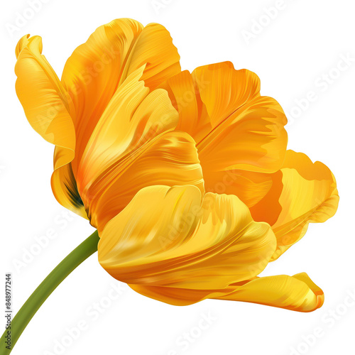 Close-up of a vibrant yellow tulip in full bloom, isolated on a white background, showcasing delicate petals.