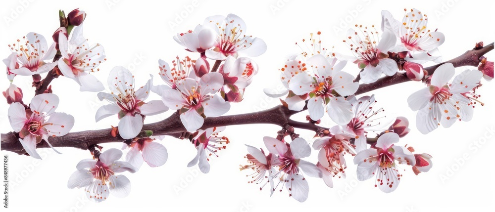 A delicate plum tree displaying an array of soft pink and white blossoms isolated on a white background A delicate plum tree displaying an array of soft pink and white blossoms isolated on a white background