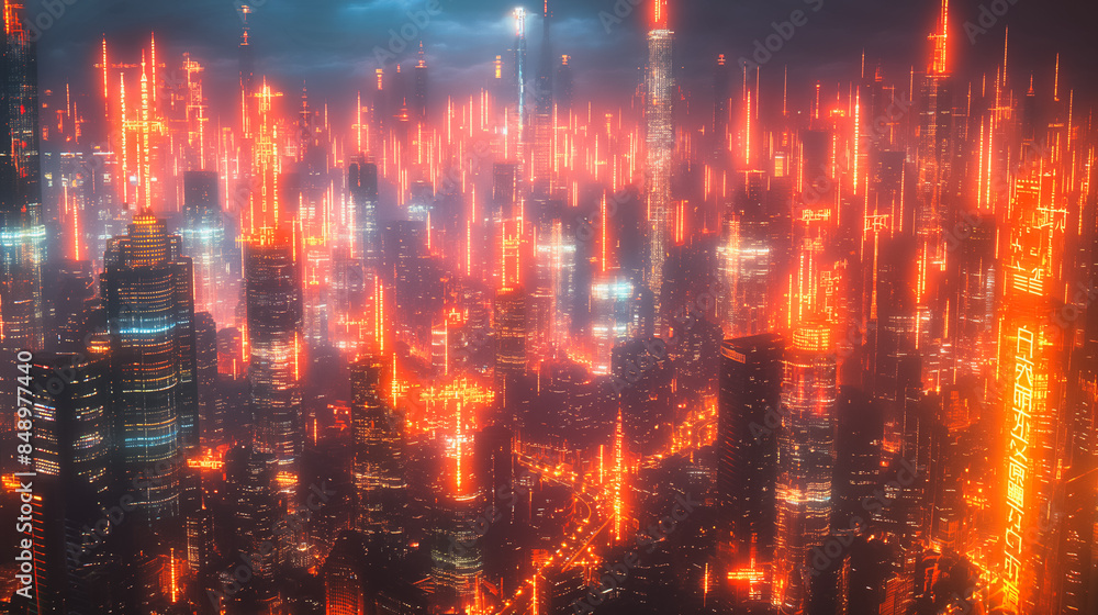 A cityscape with many buildings and a lot of orange lights A cityscape with many buildings and a lot of orange lights