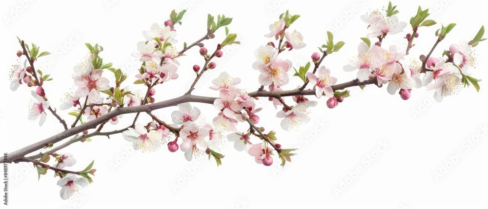 A delicate plum tree displaying an array of soft pink and white blossoms isolated on a white background A delicate plum tree displaying an array of soft pink and white blossoms isolated on a white background