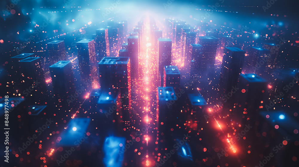 A cityscape with a bright red line running through it. The city is lit up with neon lights and the atmosphere is energetic and lively A cityscape with a bright red line running through it. The city is lit up with neon lights and the atmosphere is energetic and lively