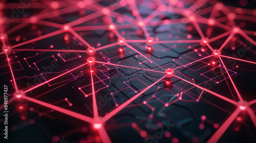 Digital network with glowing red connections representing data communication and technology. Abstract futuristic background.