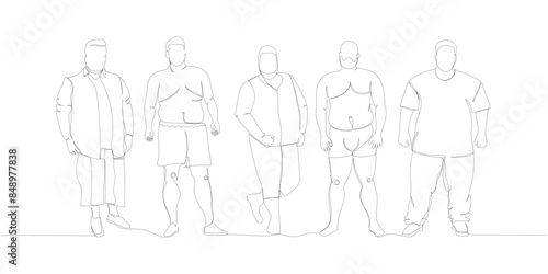 body positive set, obese men, plus size, XL models one line art. Continuous line drawing of body positive, overweight, plus size model, XL, health, fashion, self acceptance.