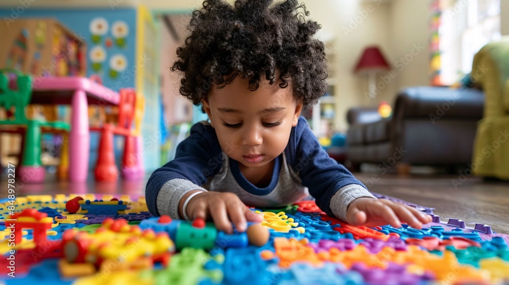Toddler playing with sensory toys on a playmat, exploring textures and sounds Toddler playing with sensory toys on a playmat, exploring textures and sounds
