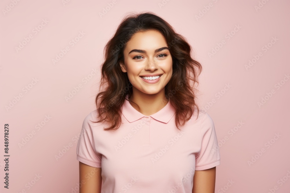 Portrait of a happy woman in her 20s wearing a sporty polo shirt on solid pastel color wall Portrait of a happy woman in her 20s wearing a sporty polo shirt on solid pastel color wall
