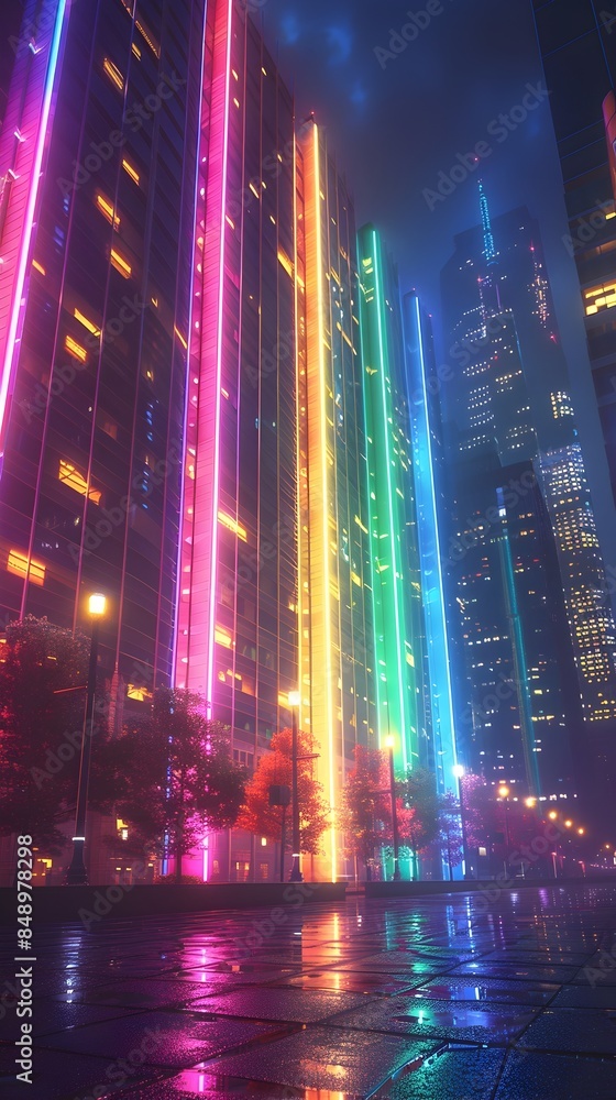 Obraz premium Radiant City Skyline with Glowing Rainbow Hued Lights Illuminating the Skyscrapers