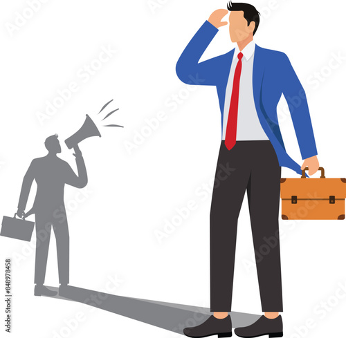 Self criticism, negative critic thinking to blame yourself, guilt or depression to rant or inner anxiety, anger or stress psychology concept, depressed businessman self shadow blame with megaphone