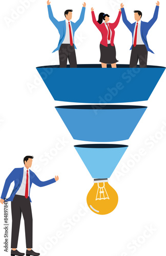 Marketing funnel or sales conversion, people or employee management, meeting brainstorm for new idea, customer purchase pipeline concept, people in sales and marketing funnel with lightbulb outcome