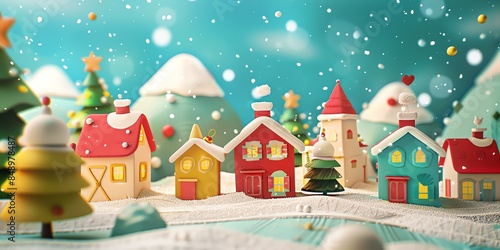 Wallpaper Mural 3d, a greeting card with houses and trees in the snow, colorful cartoon illustration of smiling characters, bold lines, simple shapes, flat design, textured illustrations, Christmas theme, Torontodigital.ca