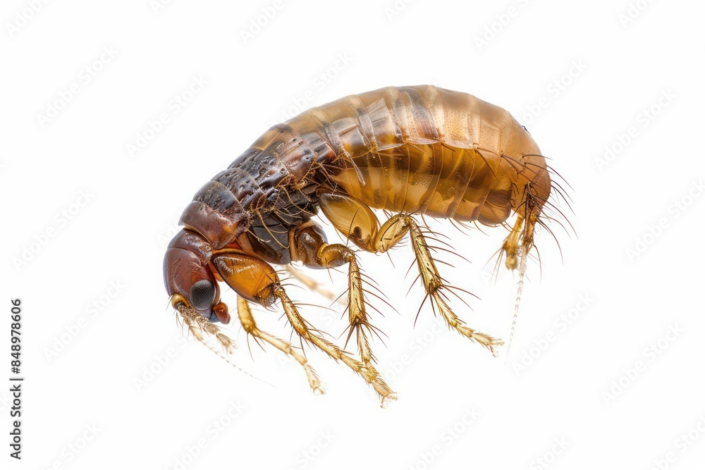 A flea with tiny, jumping legs and round body isolated on a white background A flea with tiny, jumping legs and round body isolated on a white background