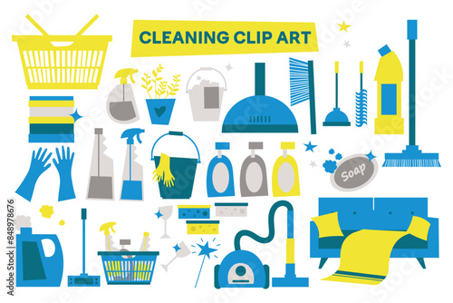 Vector trendy doodle cleaning icon set, clip art. Vacuum cleaner, protective gloves, plunger, spray bottle, squeegee, sponge, bucket, mop, brush, duster and many more.