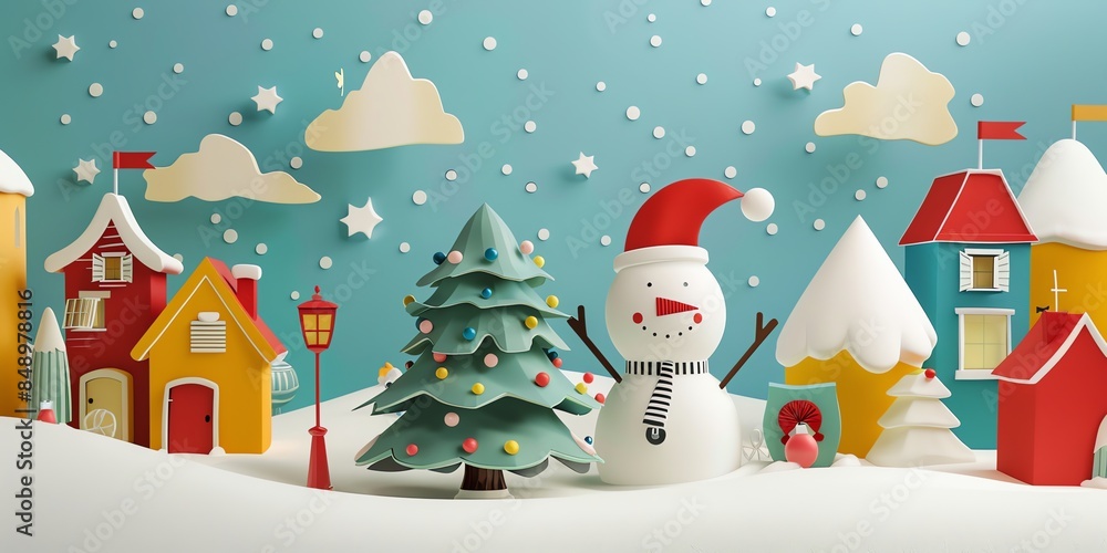 3d, a greeting card with houses and trees in the snow, colorful cartoon ...