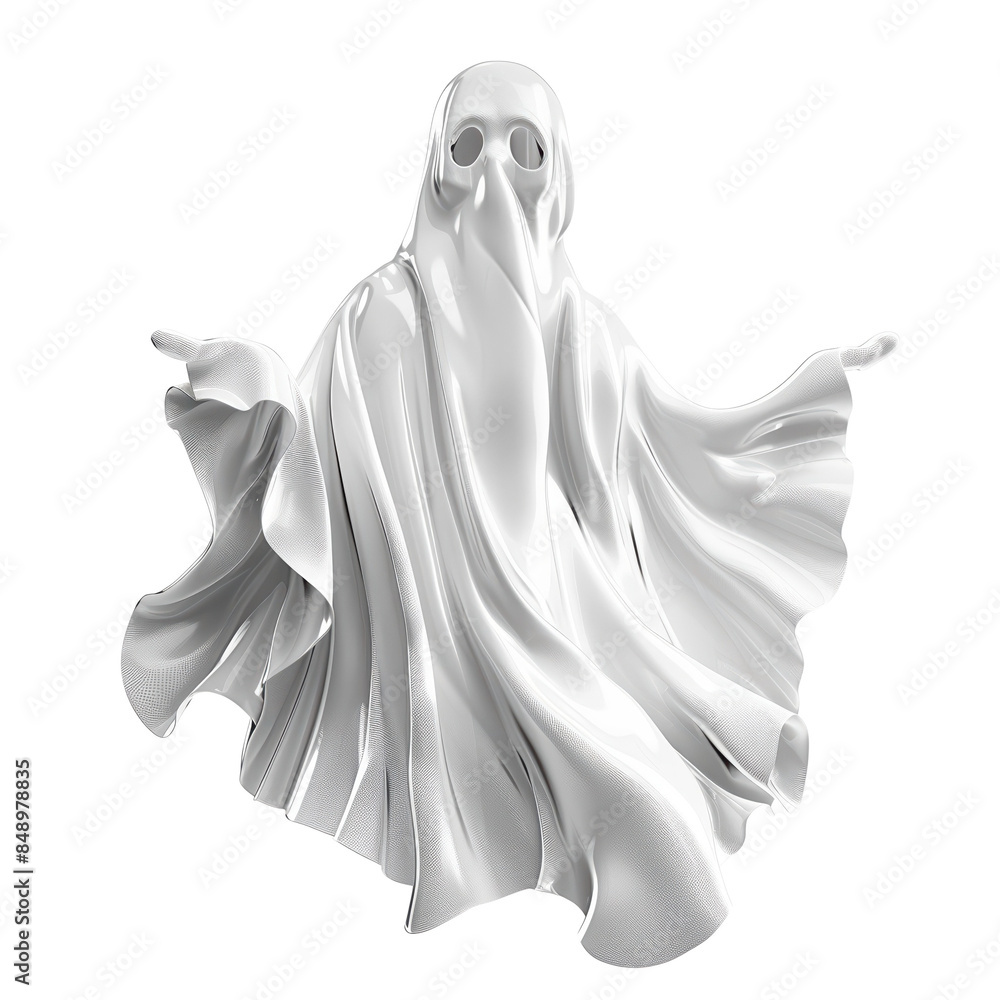 A spooky white ghost in a flowing sheet on a transparent background, perfect for Halloween themes and decorations. A spooky white ghost in a flowing sheet on a transparent background, perfect for Halloween themes and decorations.