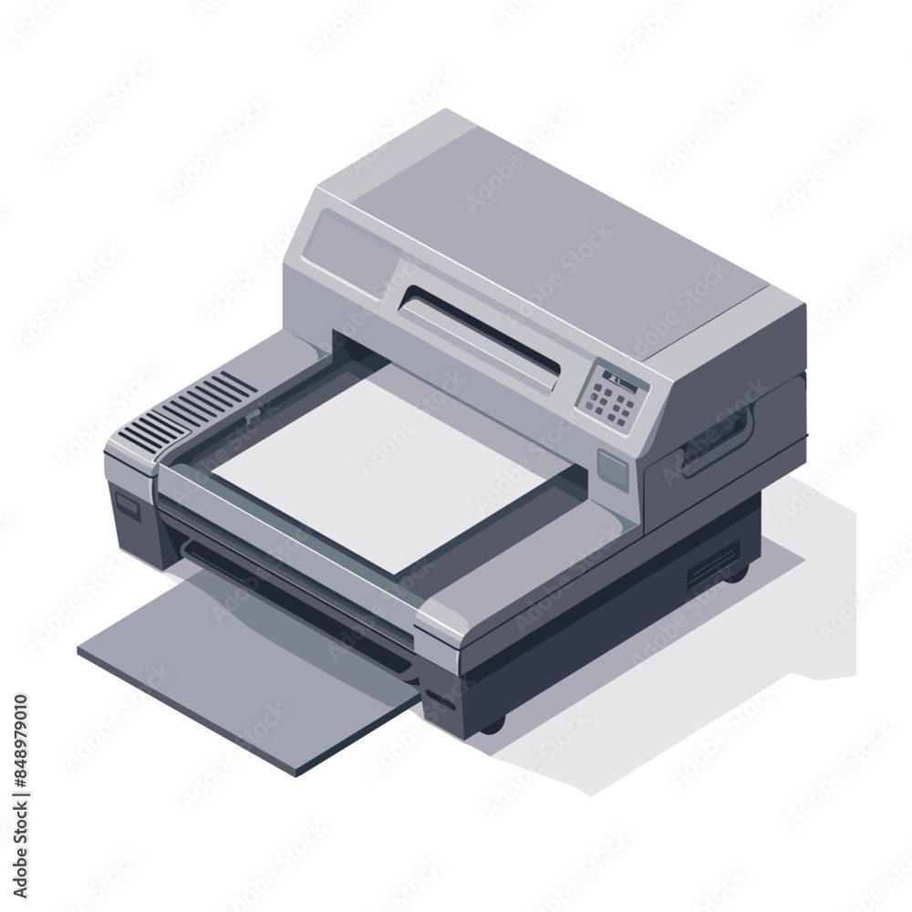 isometric printer vector icon with paper, simple shapes, grey colors, white background, low details, 2d game design isometric printer vector icon with paper, simple shapes, grey colors, white background, low details, 2d game design