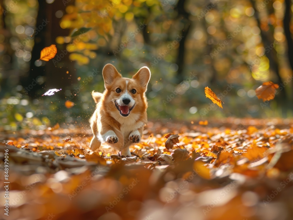 Playful Corgi Enjoying Autumn: Joyful Dog Running Through Fall Leaves in Forest at Sunset Playful Corgi Enjoying Autumn: Joyful Dog Running Through Fall Leaves in Forest at Sunset