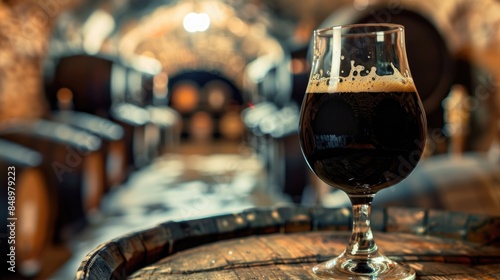 Craft Beer Delight: Dark Stout on Wooden Barrel in Cozy Cellar Ambience