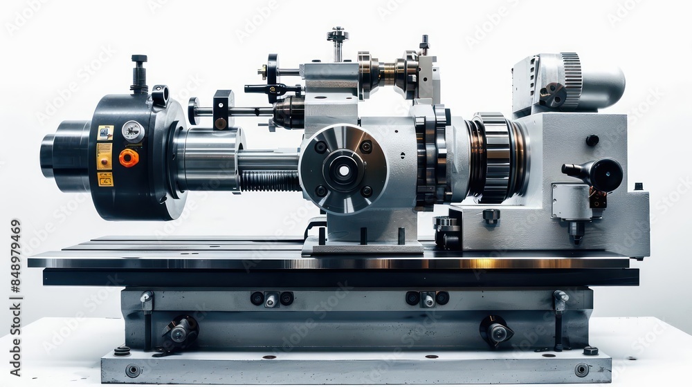 Fototapeta premium A highprecision lathe with adjustable controls and a rotating spindle isolated on a white background