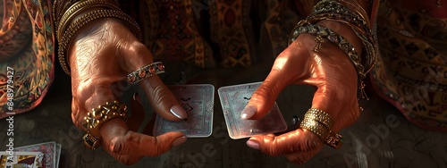 Fortune Teller s Hands Adorned with Gypsy Jewelry Holding Tarot Cards for Mystical Divination photo