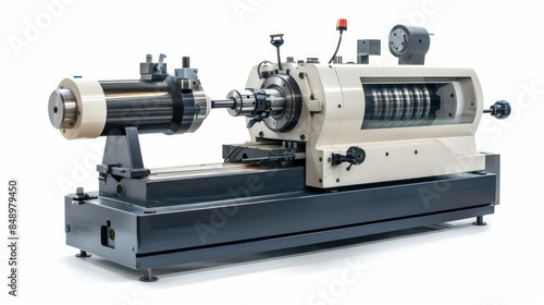 A highprecision lathe with adjustable controls and a rotating spindle isolated on a white background