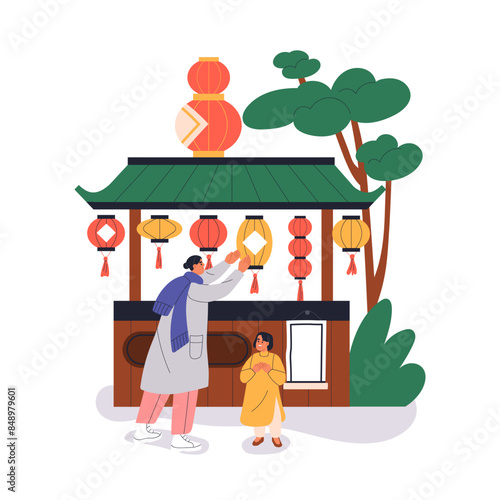 Chinese market stall with paper lanterns. Traditional street kiosk in China t...