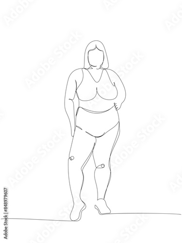 curvy girl in a swimsuit posing one line art. Continuous line drawing of body positive, overweight, plus size model, XL, health, fashion, self acceptance.