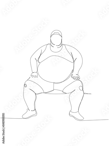 severely obese man in a tracksuit sits on a bench one line art. Continuous line drawing of body positive, overweight, plus size model, XL, health, fashion, self acceptance.