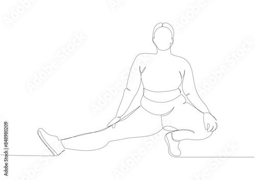 Overweight woman doing sports, stretching one line art. Continuous line drawing of body positive, overweight, plus size model, XL, health, fashion, self acceptance.