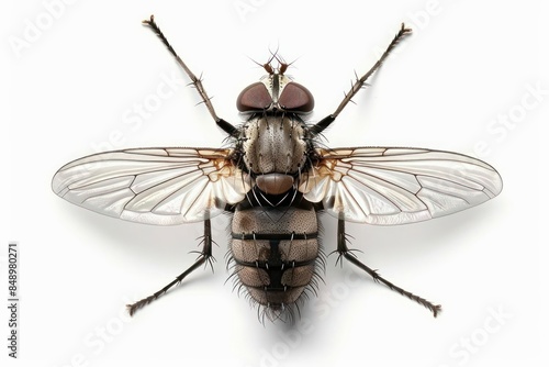 A housefly with detailed wings and segmented body isolated on a white background