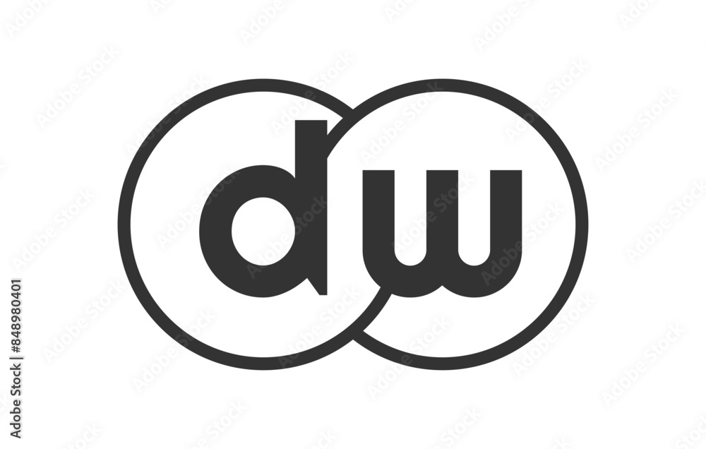 DW business company emblem with outline rounds and letters d w. Logo template of two merged circles for brand identity, logotype. Vector Infinity symbol DW business company emblem with outline rounds and letters d w. Logo template of two merged circles for brand identity, logotype. Vector Infinity symbol