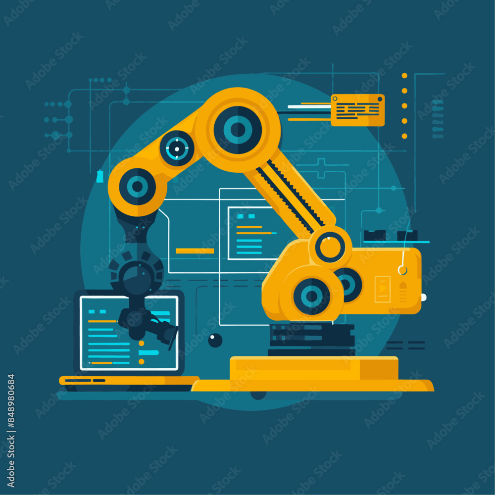 A flat vector illustration of an industrial robot arm holding code, with elements like robotic arms and laptops A flat vector illustration of an industrial robot arm holding code, with elements like robotic arms and laptops