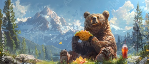 A bear savoring a taco, with extra paws holding chips and a soda in the mountains