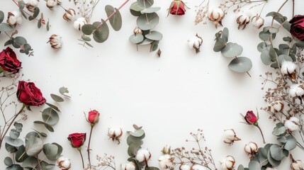 Dried eucalyptus branches roses and cotton make up a border frame
