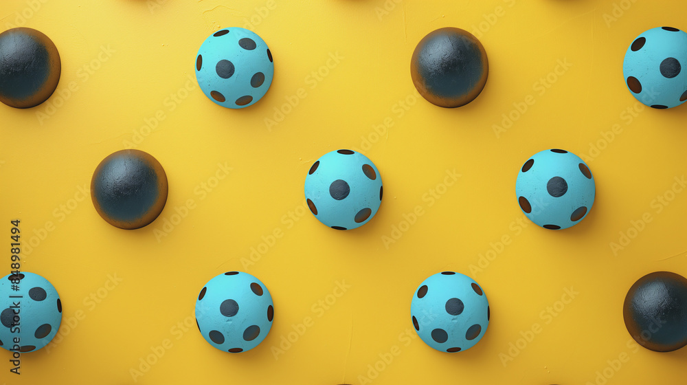 A yellow background with blue and black balls in a pattern A yellow background with blue and black balls in a pattern
