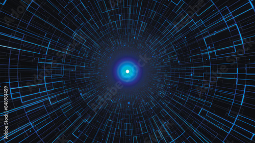 Flight motion graphics in digital cylindrical tunnel with particles. Abstract digital background. Data flow information. Technological tunnel. Vector illustration