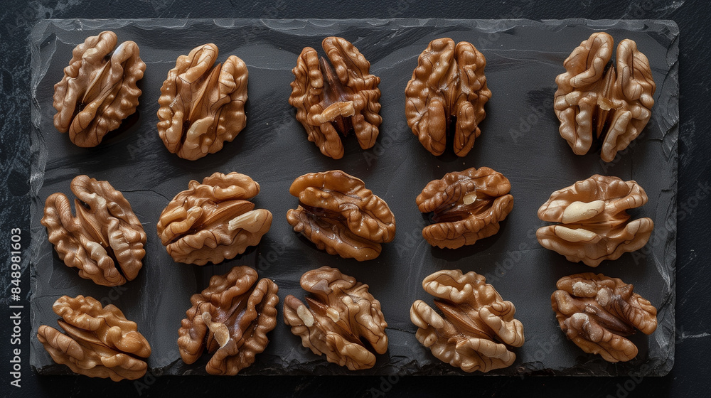Neatly Arranged Walnut Halves on Slate Board Neatly Arranged Walnut Halves on Slate Board