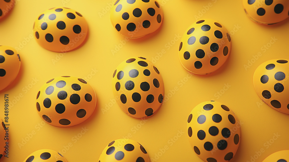 A yellow and black polka dot ball is surrounded by other yellow A yellow and black polka dot ball is surrounded by other yellow