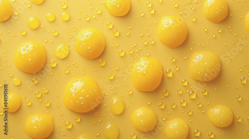 A yellow surface with many small, round drops of water on it