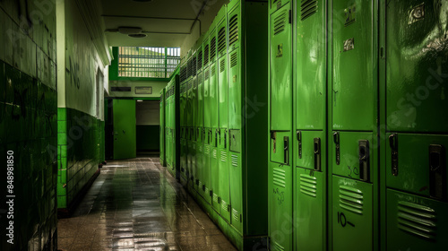 Empty middle or high school ghetto hallway with green school lockers as background.