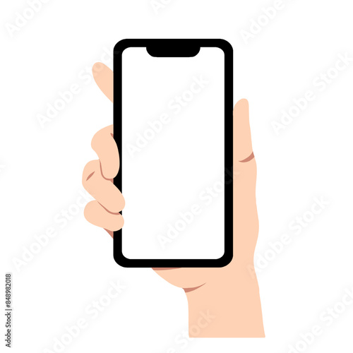 hand holding phone flat style vector illustration isolated on white and transparent background.