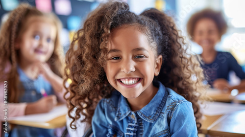 Back to school. Cute happy elementary school girl sits and smiles in class against the backdrop of schoolchildren. A child studies in class.