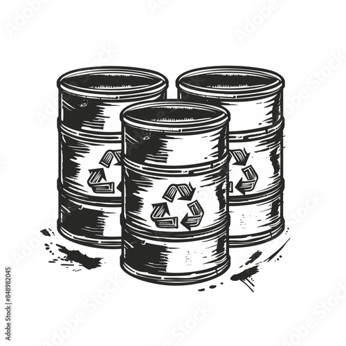 Three black and white oil barrels with recycling signs on them