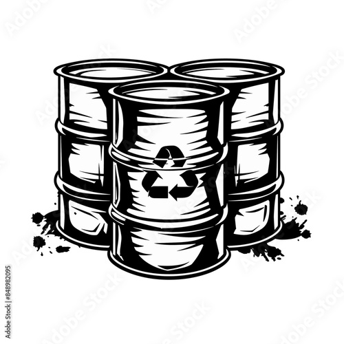 Three black and white oil barrels with the symbol of recycling on them