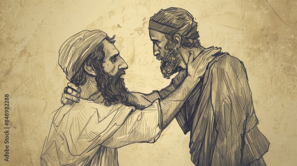 Fototapeta premium Visual of Unforgiving Servant Parable: Confrontation Between Servants, Beige Background, Biblical Illustration, Copyspace