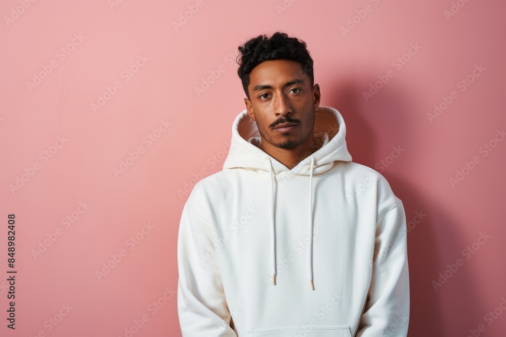 Portrait of a tender indian man in his 20s wearing a zip-up fleece hoodie on solid pastel color wall Portrait of a tender indian man in his 20s wearing a zip-up fleece hoodie on solid pastel color wall