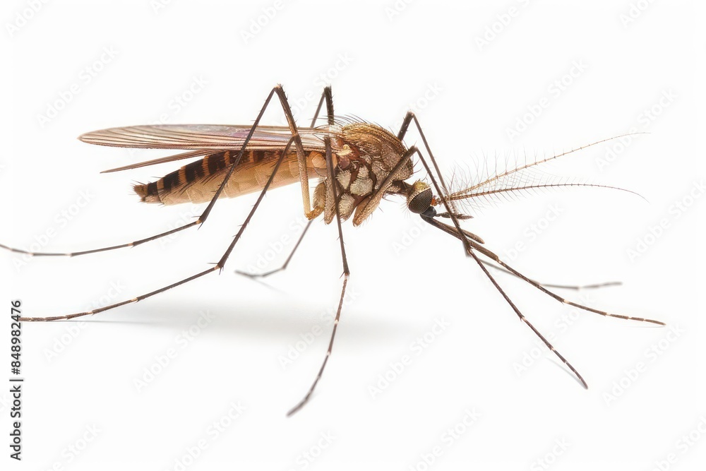A mosquito with long proboscis and slender wings isolated on a white background A mosquito with long proboscis and slender wings isolated on a white background