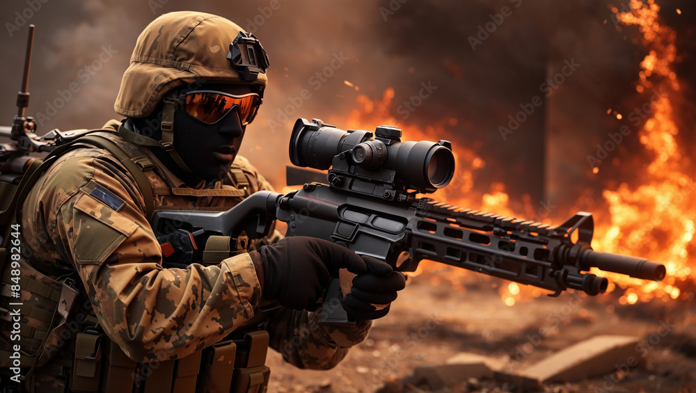 Fototapeta premium A soldier is holding a gun in front of an orange explosion.