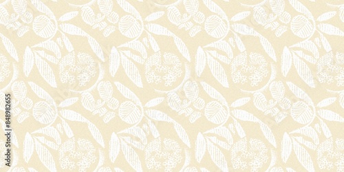 Modern white on cream lace effect wedding border texture. Soft tonal linen openwork block print with subtle hand drawn lattice damask printed fabric banner edge trim.  © Limolida Studio