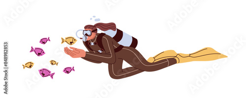 Scuba diver diving under water. Woman swimming in underwater suit with oxygen mask, fins and aqualung tank. Exploring sea fish, marine fauna. Flat vector illustration isolated on white background